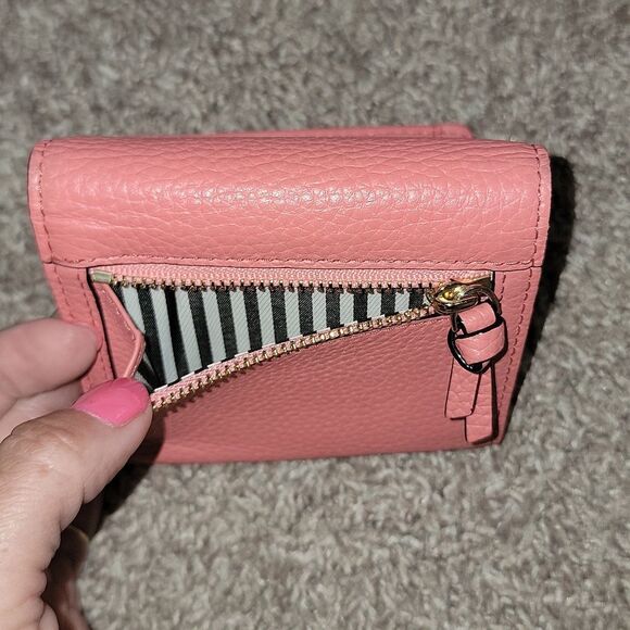 Kate Spade Pebbled Leather Trifold Coral Pink Salmon Wallet w Striped Lining - Picture 8 of 16